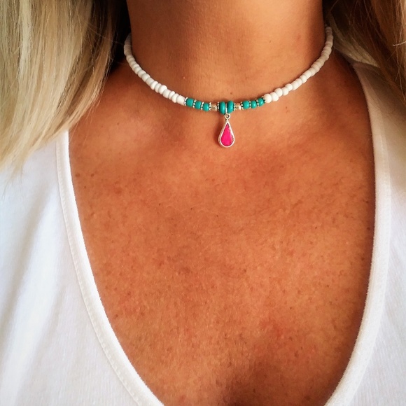 Artisan Crafted Jewelry - White Choker with Turquoise and a Pink Pendant
